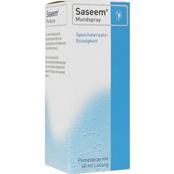 Weiße Verpackung eines Mundsprays mit blauem Design und Text.