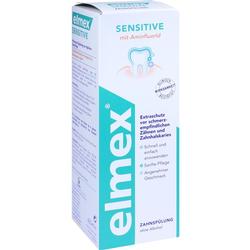 Weiße Verpackung von elmex Sensitive Zahnspülung für empfindliche Zähne, ohne Alkohol.