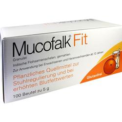Eine Packung mit pflanzlichem Quellmittel namens Mucofalk Fit.