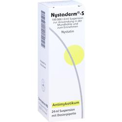 Eine weiße Medikamentenverpackung mit der Aufschrift „Nystaderm“ und „Antimykotikum“.
